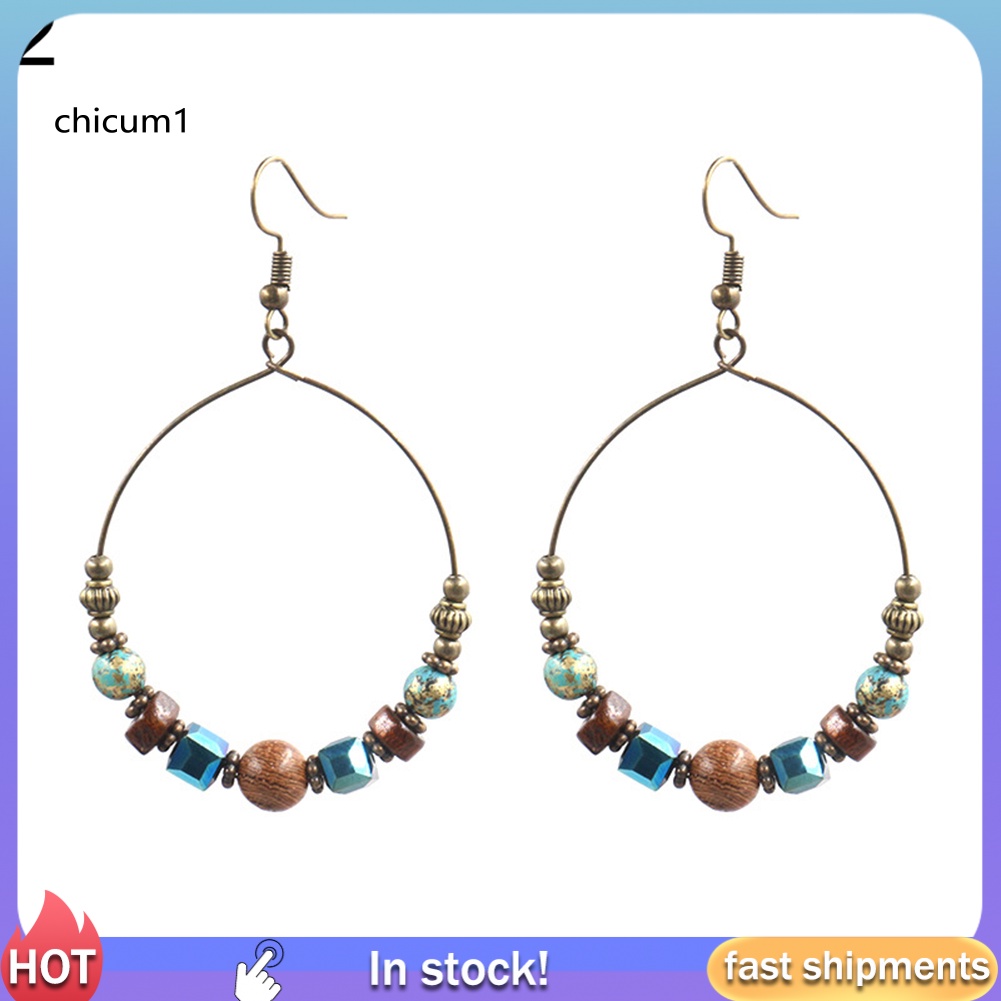 Khuyên Tai Nữ Trang Dáng Tròn Đính Hạt Gỗ Phong Cách Bohemian