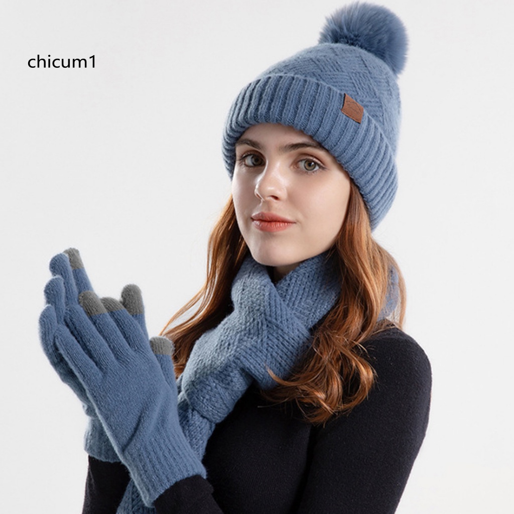 Cc 1 Set Mũ Khăn Quàng Cổ + Găng Tay + Găng Tay Lót Lông Giữ Ấm Mùa Đông Màu Trơn Thoải Mái Dành Cho Nữ