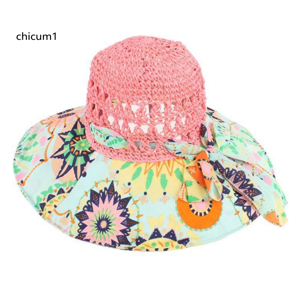 Mũ Cói Rộng Vành Thắt Nơ In Họa Tiết Thổ Cẩm Màu Sắc Dành Cho Nữ