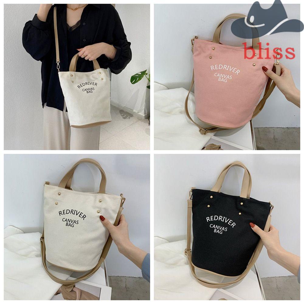 BLISS Túi Xách Vải Canvas Phối Da Sức Chứa Lớn Kiểu Dáng Đơn Giản Thanh Lịch Dễ Phối Đồ
