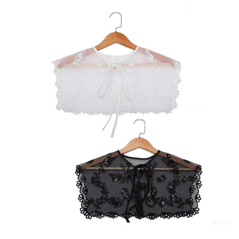 Khăn Choàng Cổ Thêu Hoa Đính Sequin Phối Dây Cột Nơ Có Thể Tháo Rời Cho Nữ