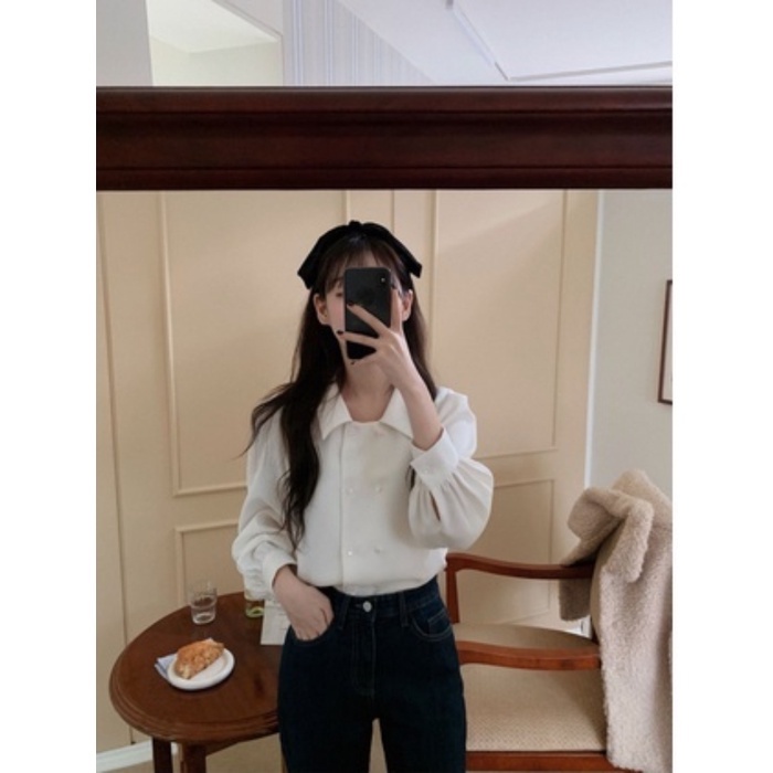 SUXI Áo Sơ Mi Tay Dài Cổ Búp Bê Màu Sắc Ngọt Ngào Phong Cách Hàn Quốc