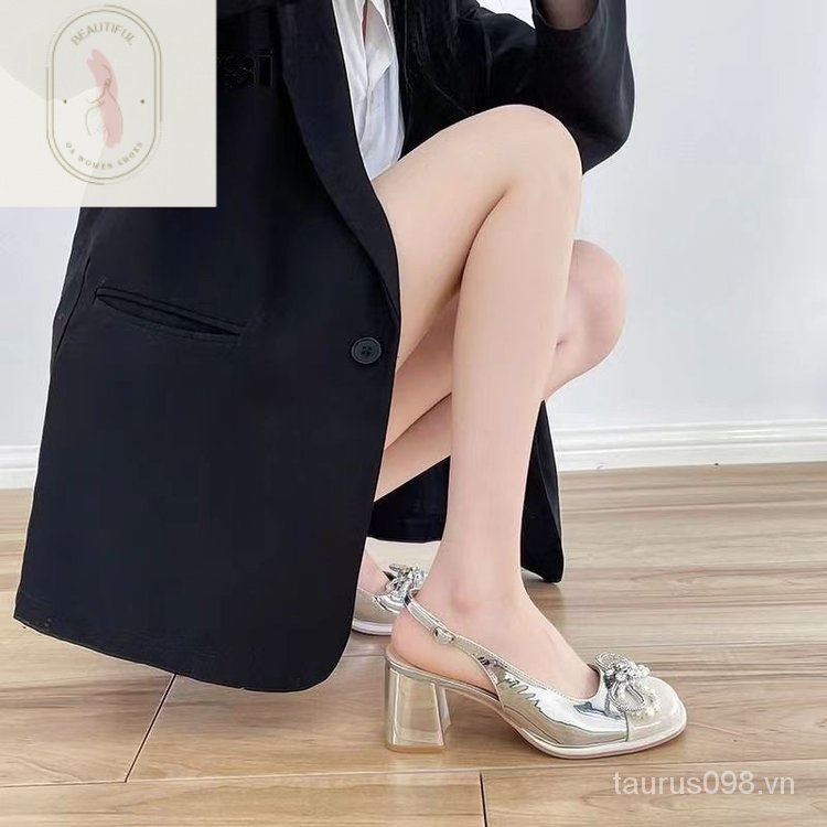 Sandal Cao Gót Da PU 6-8cm Mũi Vuông Phối Khóa Cài Phong Cách Thời Trang Mới 2023