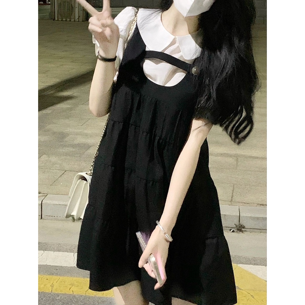 Váy yếm đầm babydoll Set Áo Sơ Mi Cổ Búp Bê,váy phong cách hàn quốc,chân váy dài mùa hè