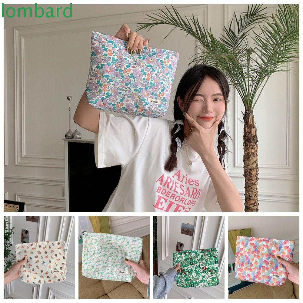 LOMBARD Túi Đựng Son Môi Chất Liệu Cotton Khóa Kéo Hình Vuông Họa Tiết Hoa Xinh Xắn