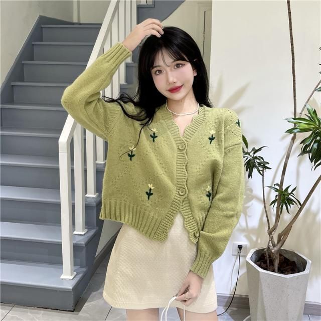 Áo Khoác Cardigan Dệt Kim Tay Dài Cổ Chữ V In Hoa Thời Trang Cho Nữ