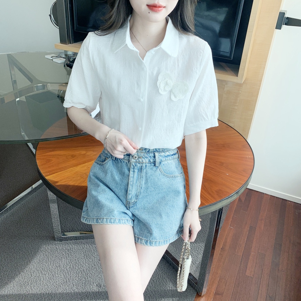 Áo Sơ Mi Vải Jacquard Cotton Mỏng Thêu Họa Tiết Ngọt Ngào Cho Nữ