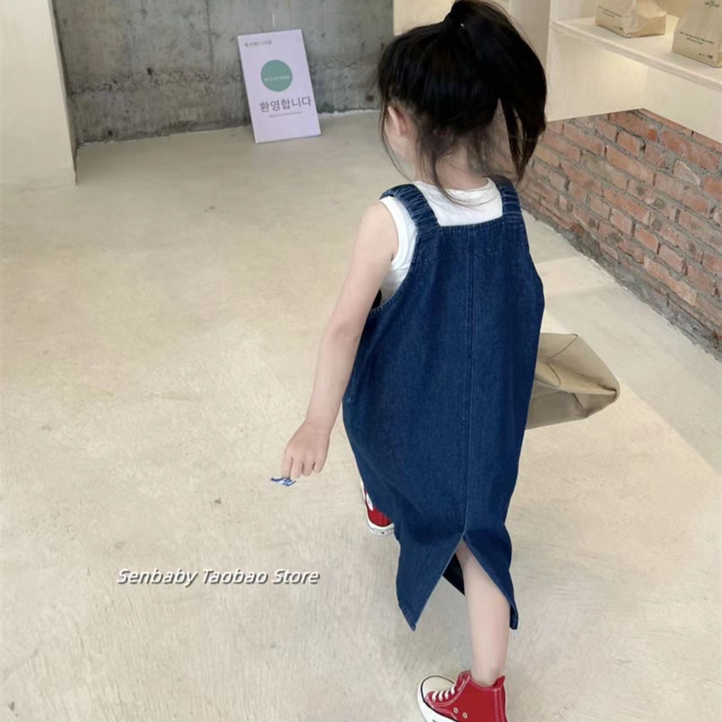 Đầm Denim Dài Đơn Giản Mùa Hè Phong Cách Nhật Bản Mới 2023 Có Túi Cho Bé Gái