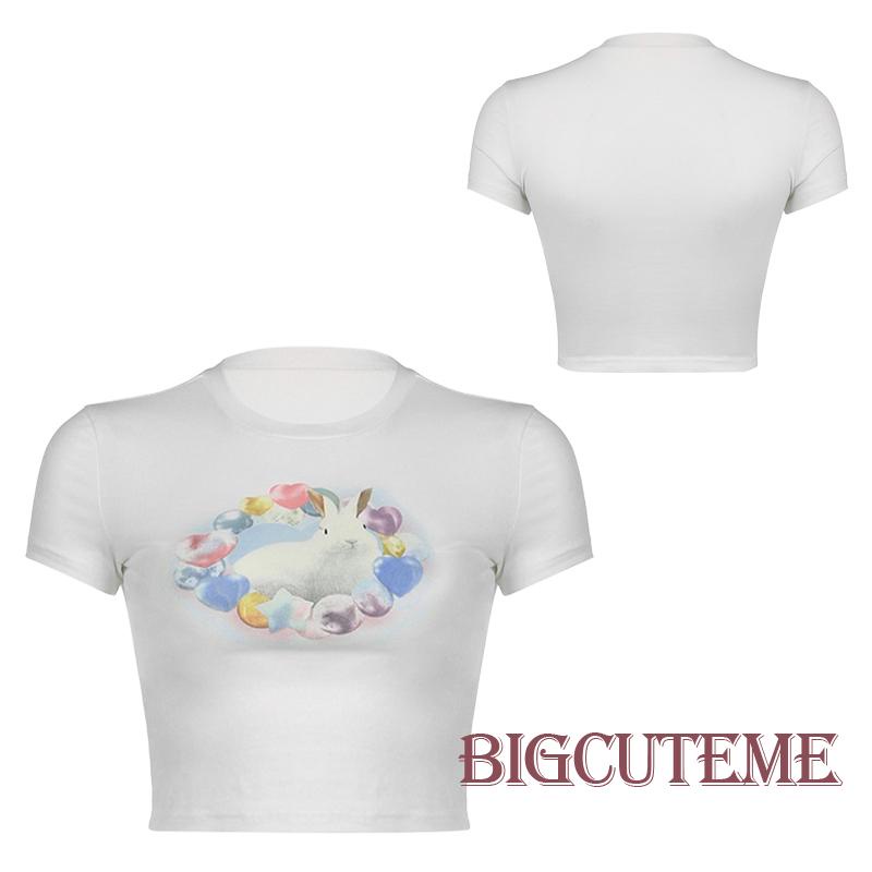 Áo Croptop Ôm Dáng Tay Ngắn In Họa Tiết Thỏ Dễ Thương Cho Nữ