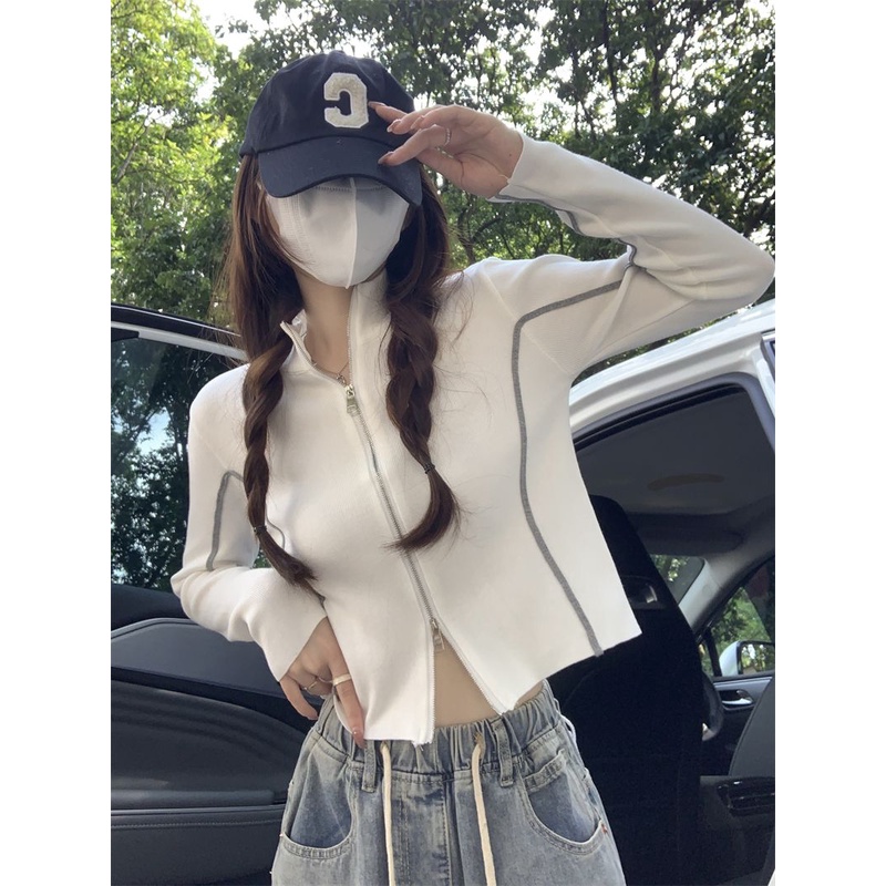 Áo Khoác Phối Khóa Kéo Đôi Màu Tương Phản Phong Cách Mỹ Cổ Điển Thời Trang Mùa Thu Cho