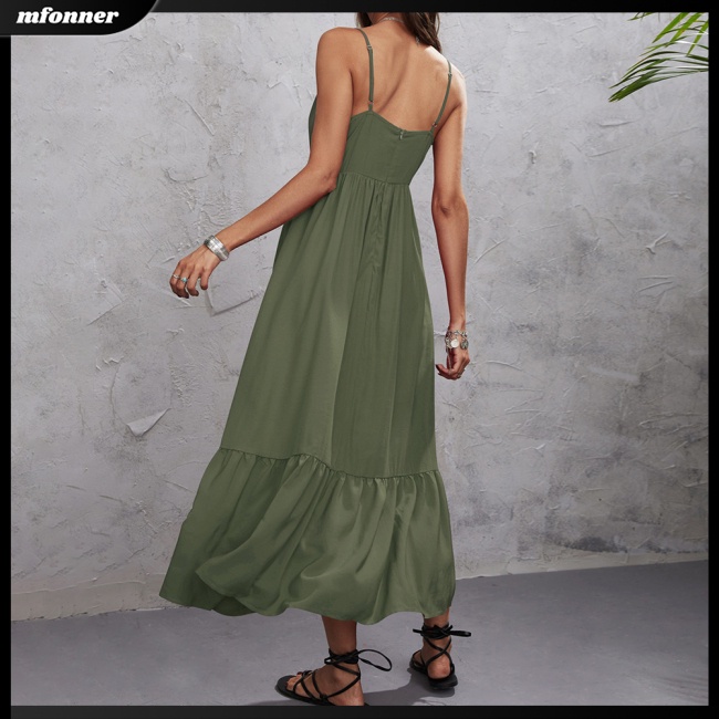 Đầm Dài Hai Dây Dáng Chữ A Lưng Cao Màu Sắc Đơn Giản Thời Trang Mùa Hè Cho Nữ