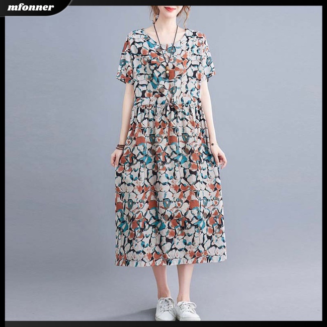 Đầm Midi Dáng Chữ A Tay Ngắn Dáng Rộng Vải Lanh Cotton In Họa Tiết Thời Trang Mùa Hè Cho Bạn Gái