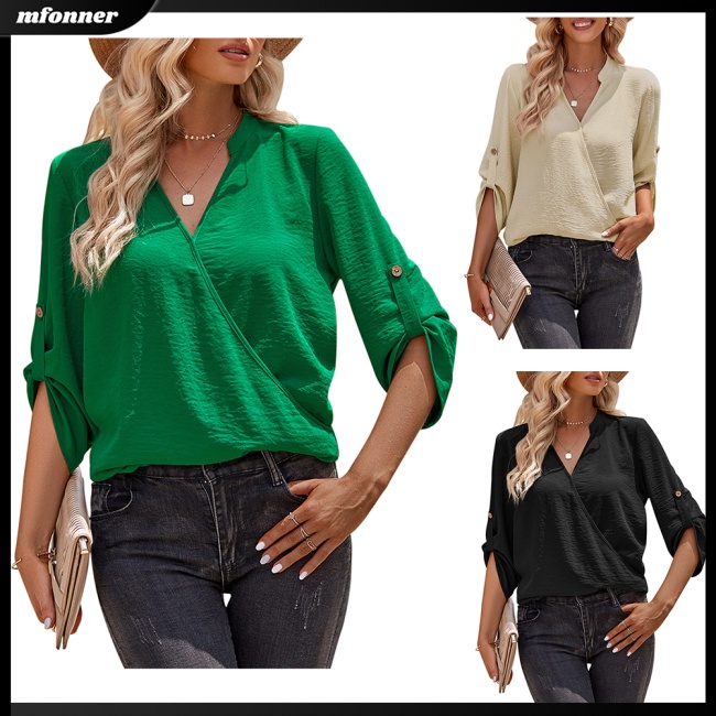 Áo Sơ Mi Tay Dài Dáng Rộng Cổ Chữ V Màu Sắc Đơn Giản Dành Cho Nữ