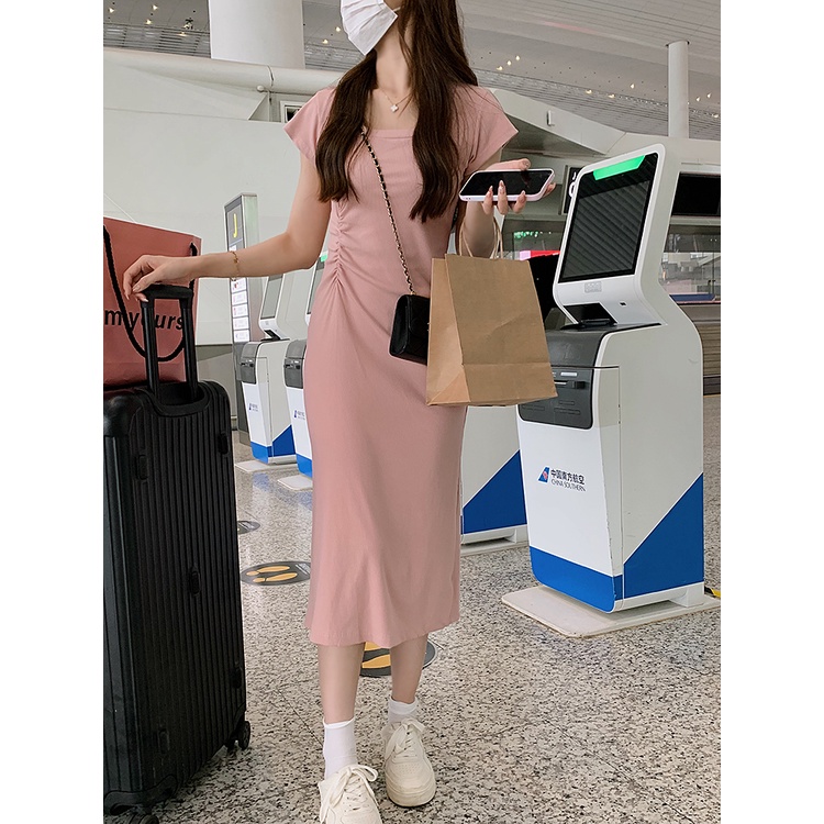 Sugemiusi Đầm Dài Dáng Ôm Màu Hồng Phong Cách Pháp Tinh Tế Dành Cho Nữ