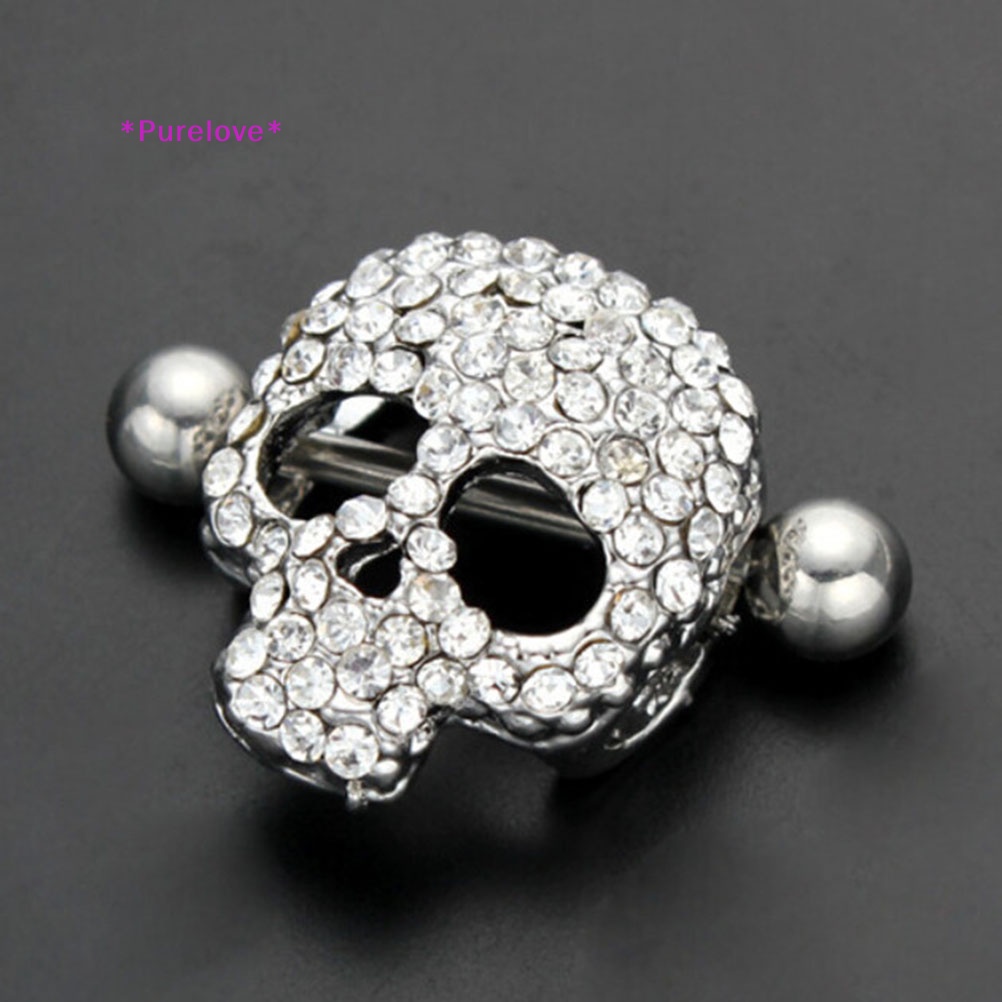 Nhẫn Núm Vú Giả Bằng Thép Hình Đầu Lâu Pha Lê 14G Mới