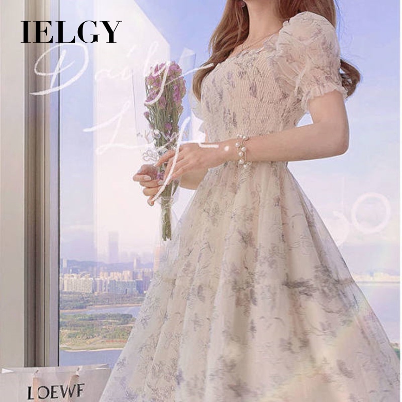 Đầm dài IELGY cổ vuông tay phồng in họa tiết hoa thời trang mùa hè dành cho nữ
