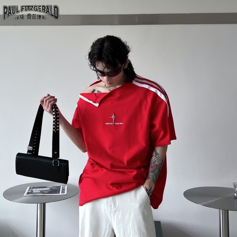 Áo Thun Ngắn Tay Phối Khóa Kéo Và Hình Sao Kim Loại Nặng PAUL FITZGERALD Phong Cách retro Đường Phố Mỹ Cho Nam