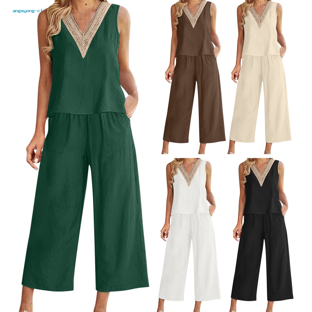 Bộ Áo Cổ Chữ V Không Tay Phối Ren + Quần Dài Thoải Mái Thời Trang Mùa Hè Cho Nữ