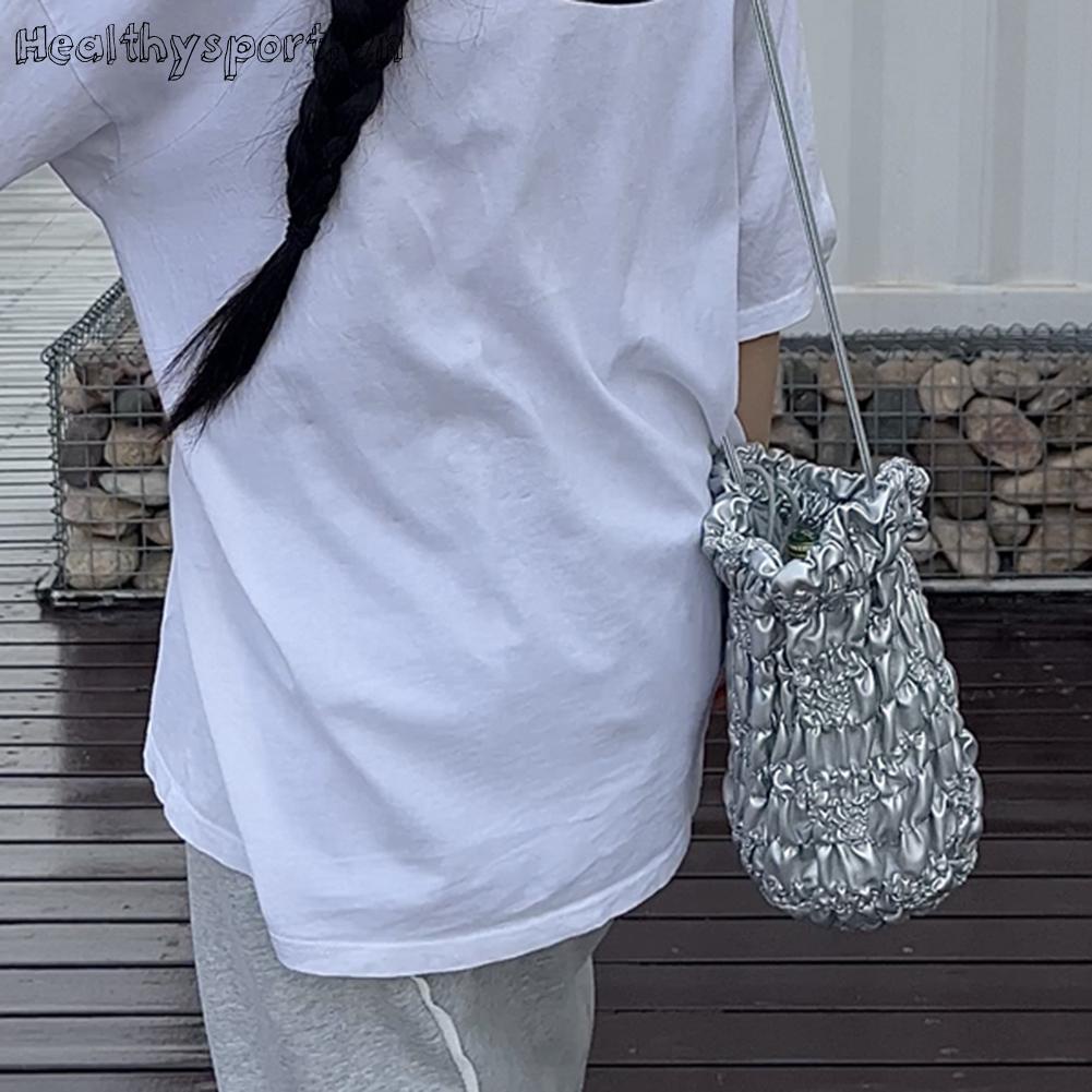 Túi Đeo Chéo Rút Dây Màu Bạc Thời Trang Cho Nữ