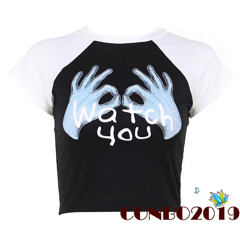 Áo Thun Crop Top Tay Ngắn Cổ Tròn In Họa Tiết Màu Sắc Tương Phản Thời Trang Mùa Hè Cho Nữ