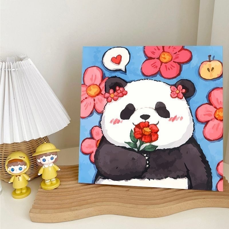 Tranh Sơn Dầu Kỹ Thuật Số BP2 30 * 30cm Họa Tiết Hoa Và Gấu Trúc Dễ Thương Độc Đáo diy