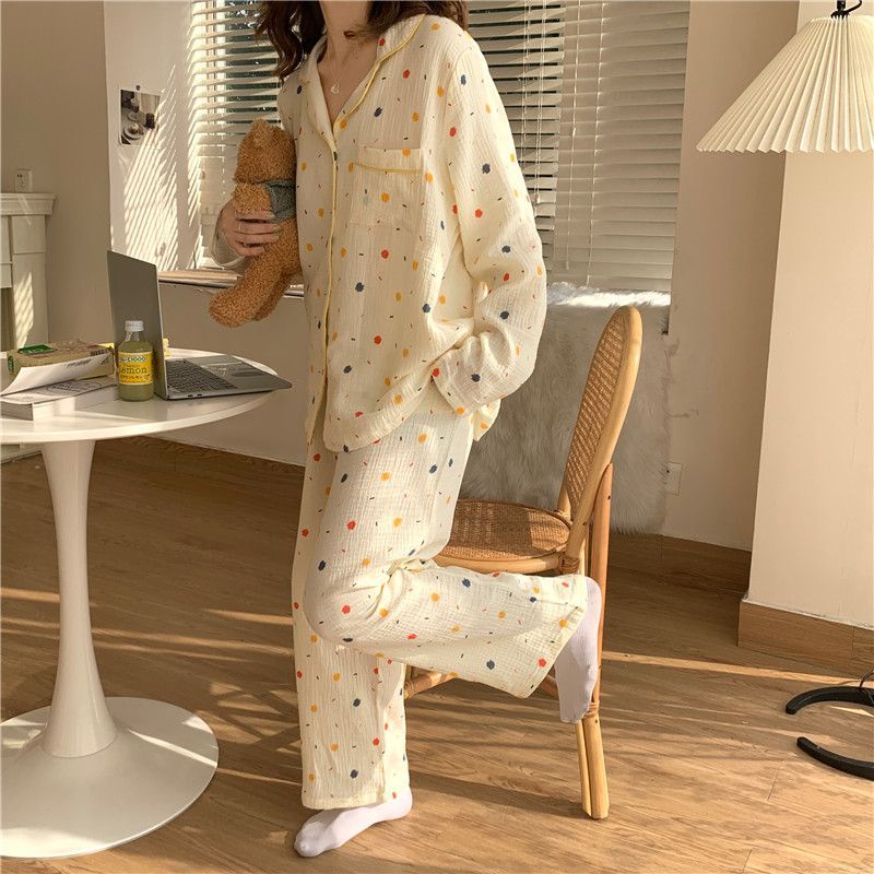 Bộ Đồ Ngủ Dài Tay Họa Tiết Chấm Bi Nhiều Màu Sắc Thời Trang Xuân Thu Cho Nữ