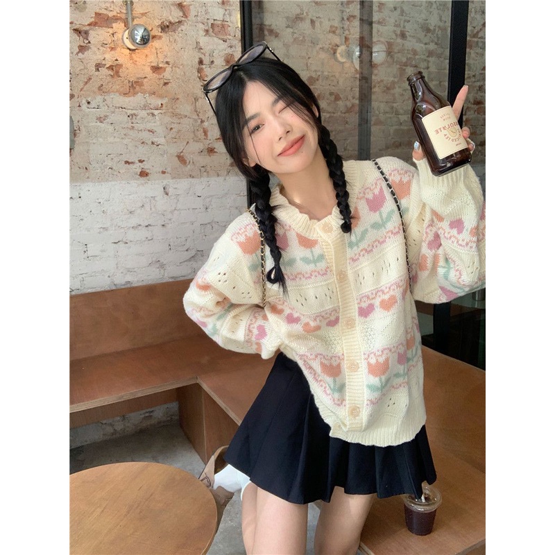 Áo Cardigan Dệt Kim Dáng Rộng Họa Tiết Hoa Tulip Thời Trang Xuân Hè Phong Cách Nhật Bản Cho Nữ