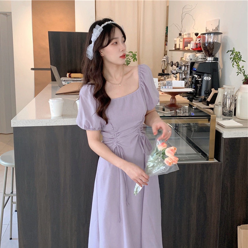 Đầm LIVE GREAT cổ vuông tay phồng phối dây rút phong cách Hong Kong thời trang mùa hè cho nữ