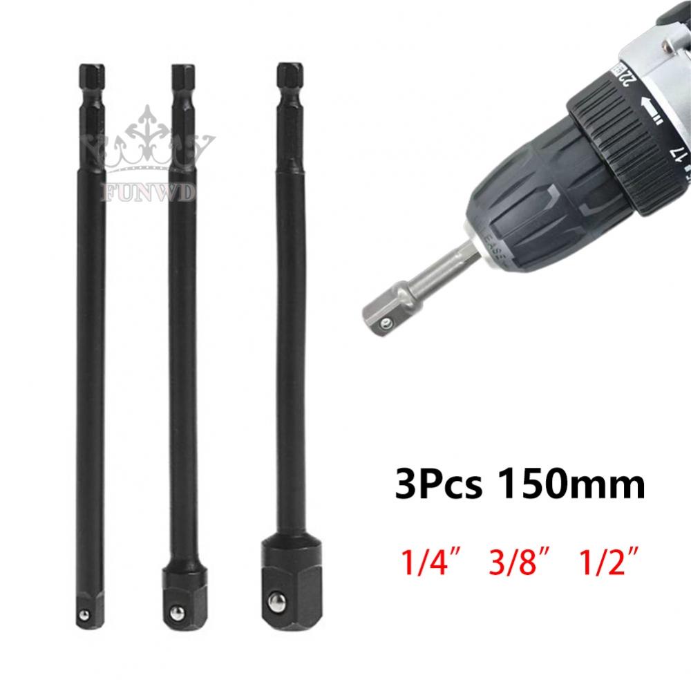 【FUNWD】Socket Adapter 1/4 150mm 3/8 3PCS Chrome Vanadium Steel Extension Bar Hex Driver