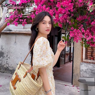 Đầm chiffon SUGEMIUSI in hoa vàng nhẹ nhàng thanh lịch kiểu Pháp thiết kế thời trang mùa hè