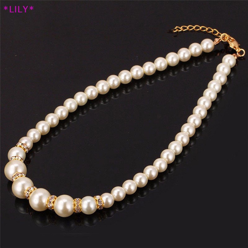 Lily 3in1 bộ thanh lịch mô phỏng Vòng cổ ngọc trai bông tai vòng tay Vòng cổ dài phụ nữ Bridal Wedding Jewelry Quà Tặng uuu