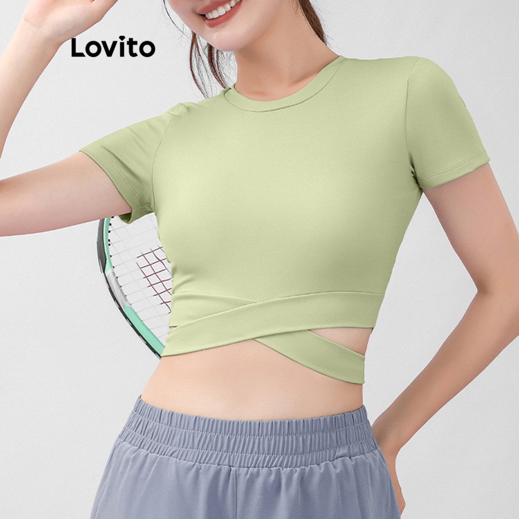 Áo ngực thể thao Lovito đan dây chéo màu trơn cho nữ LNA13052 (Tím/Xanh lá/Đen)