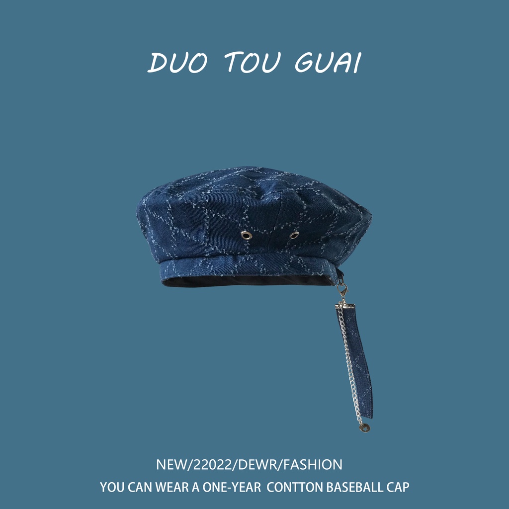 Mũ Beret Phối Dây Xích Phong Cách Cao Bồi Nhật Bản Thời Trang Xuân Hè Cho Nữ