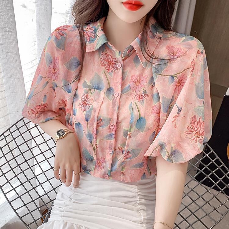 Áo Sơ Mi Chiffon Ngắn Tay Họa Tiết Hoa Phong Cách Hàn Quốc Thời Trang Mùa Hè Cho Nữ