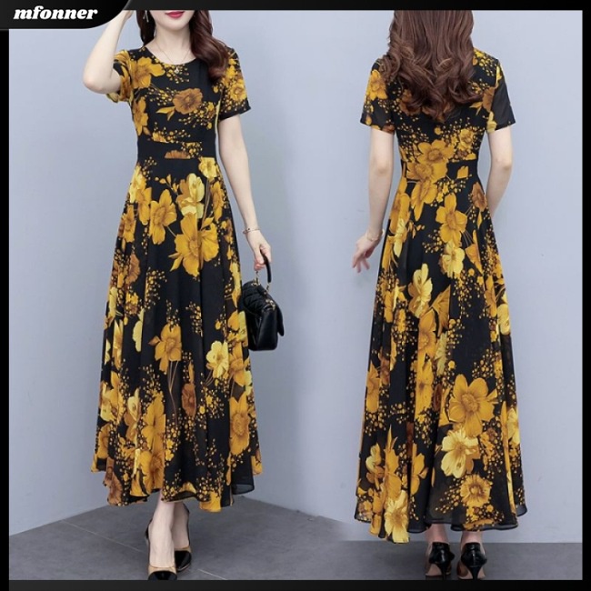 Đầm Chữ A Tay Ngắn Cổ Tròn In Hoa Ôm Dáng Thanh Lịch Cho Nữ