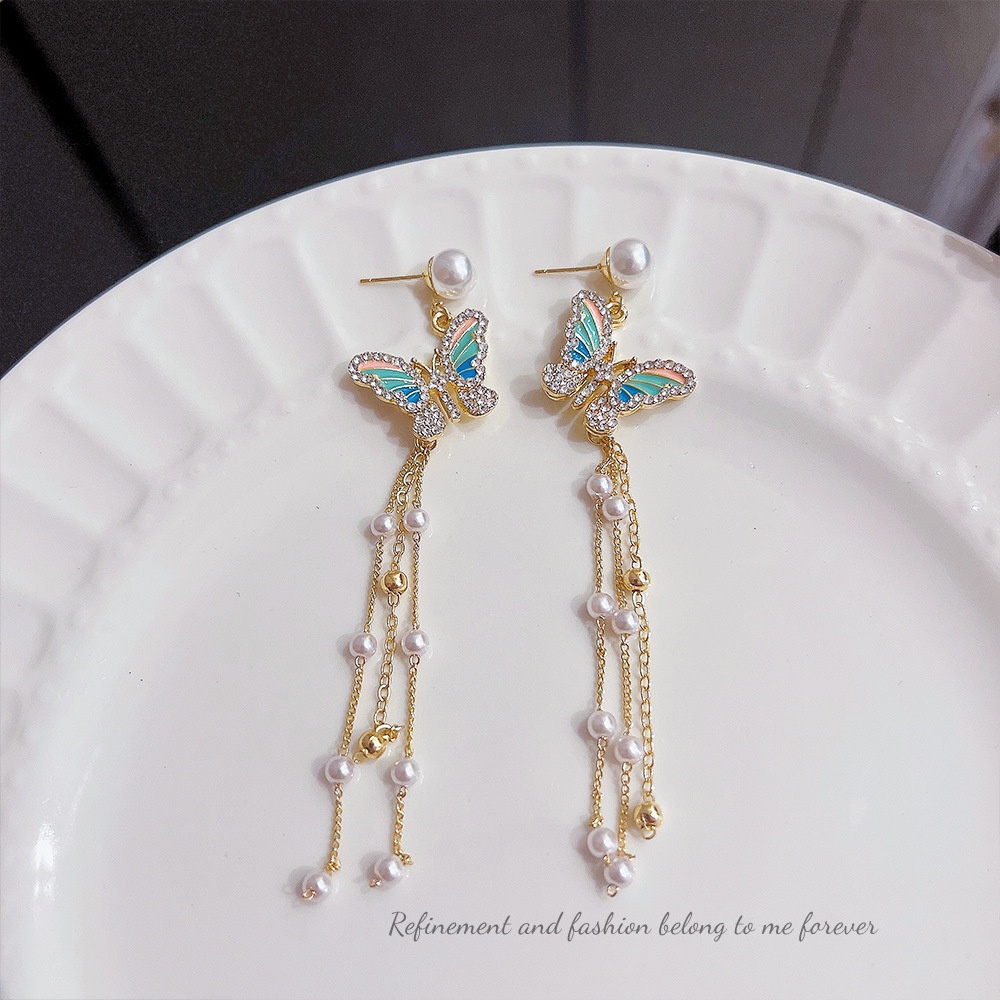 Đôi Bông Tai Dáng Dài Hình Bướm Đính Ngọc Trai Thời Trang Cho Nữ
