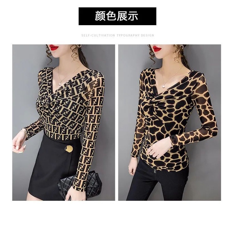 Áo Thun Tay Dài Cổ Chữ V / Áo Thun Tay Dài In Họa Tiết Da Báo Thời Trang Dành Cho Nữ