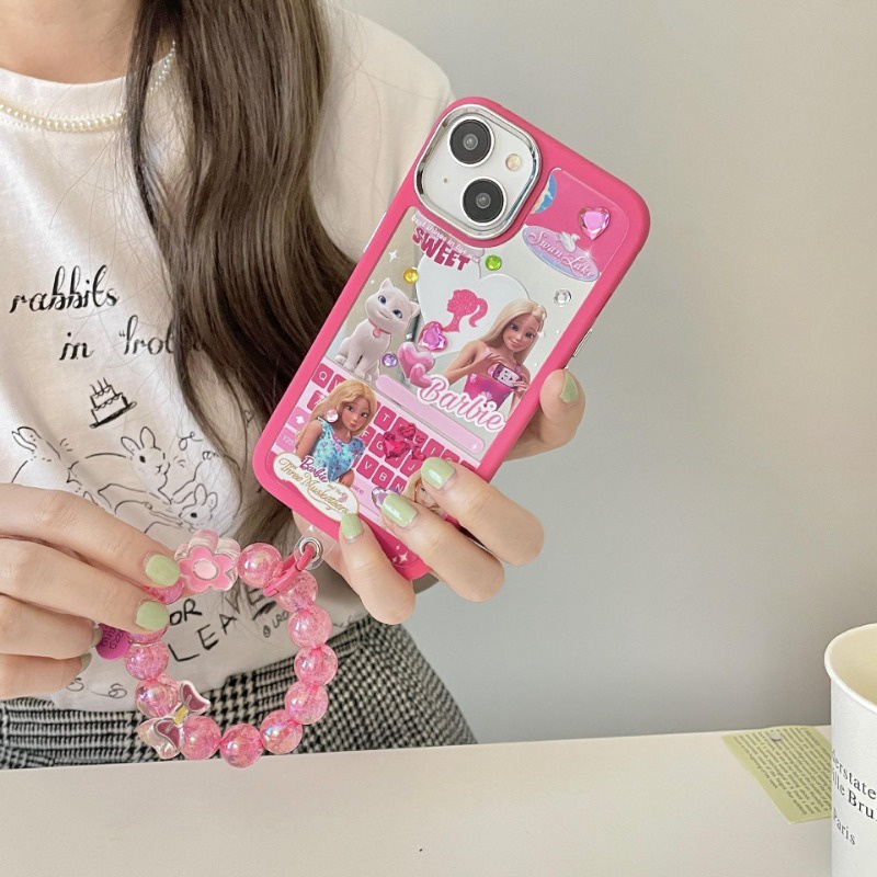 Ốp Điện Thoại Họa Tiết Búp Bê Barbie Mặt Gương Có Dây Xích Chống Rơi Cho iPhone 14 / 13 / 12 Pro Max