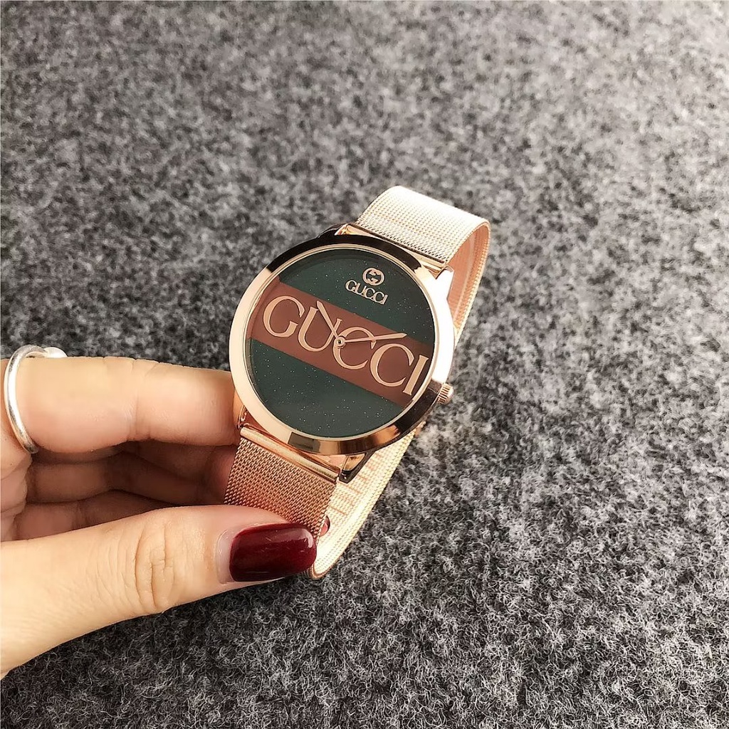 Đồng hồ đôi Mặt Tròn Họa Tiết Gucci Dây Da Thép Không Gỉ Thời Trang Cho Nam Và Nữ
