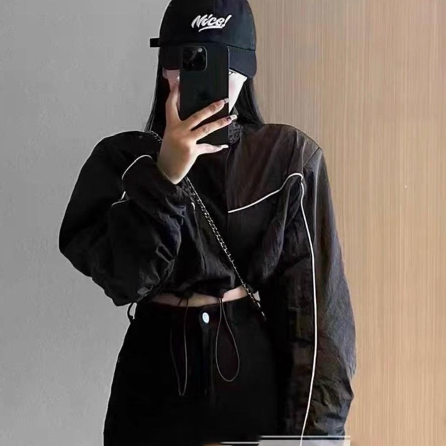 Áo khoác lửng croptop dù 2 lớp phối viền ad759 rút dây unisex ulzzang nam nữ