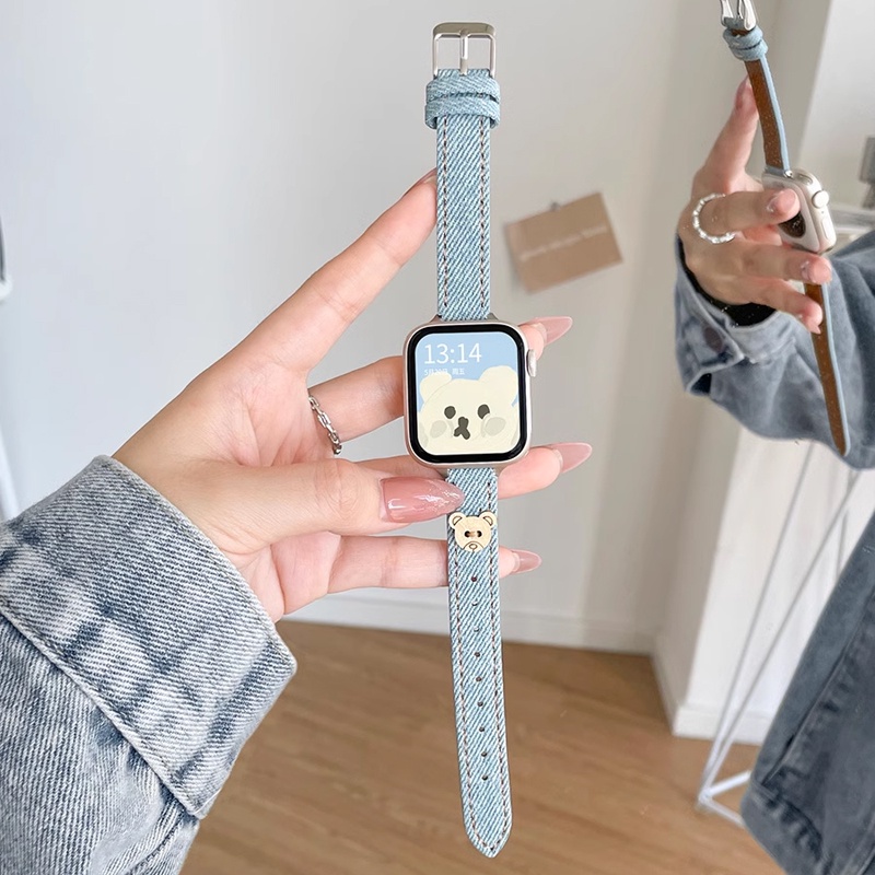 Dây Đeo Đồng Hồ Bằng Denim Họa Tiết Gấu Dễ Thương Cho Apple Watch Series 8 7 6 5 4 3 40mm 41mm 38mm 44mm 45mm 49mm