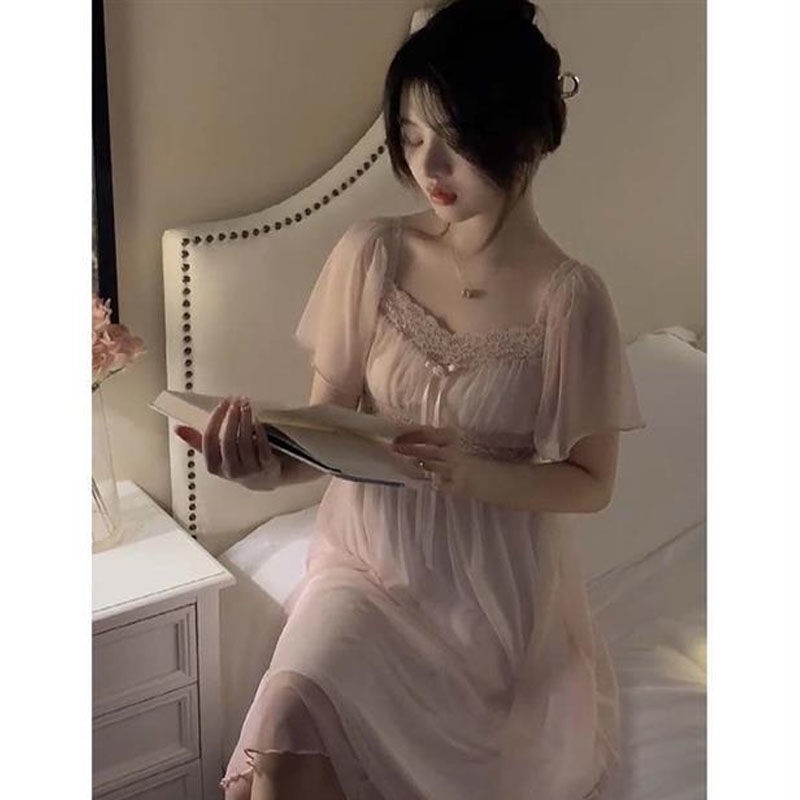 Đầm Ngủ Tay Ngắn Phối Ren Có Mút Đệm Ngực Phong Cách Công Chúa Dễ Thương Thời Trang Mùa Hè Cho Nữ