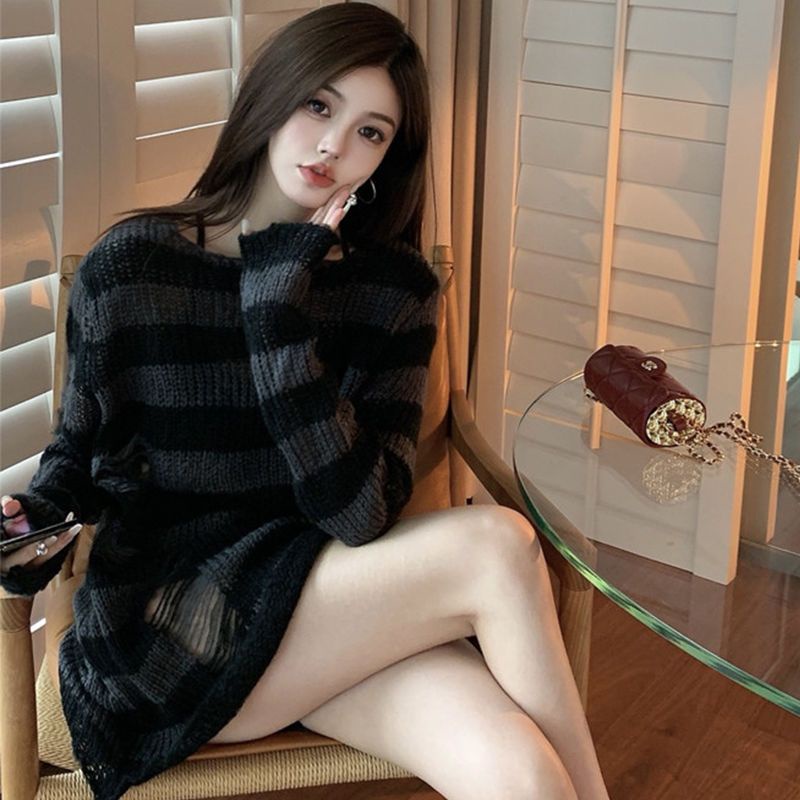 Áo Sweater Y2K Shibuya Hot Girl Y2K Millennium Thiết Kế Lỗ Rỗng Phối Màu Tương Phản Phong Cách Punk