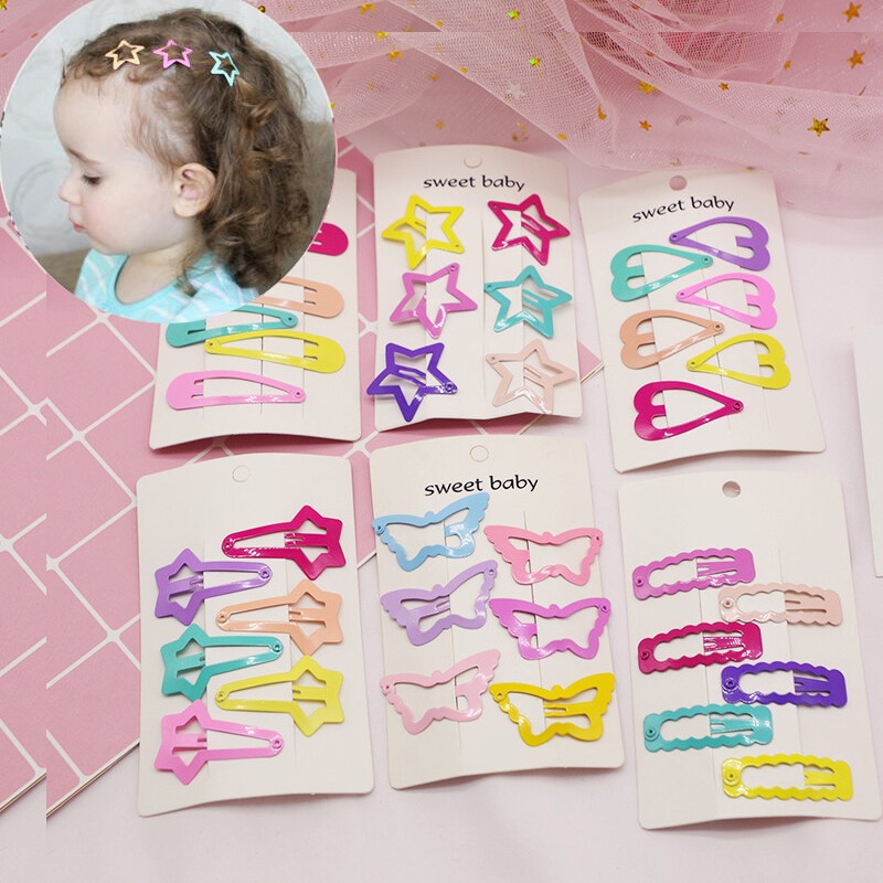 Bộ 6 Kẹp Tóc Kim Loại Màu Sắc Kẹo Ngọt Hình Ngôi Sao / Trái Tim / Trái Tim Xinh Xắn Cho Bé