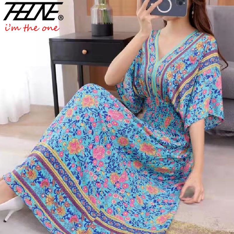 Đầm Cotton Pha Ngắn Tay Cổ Chữ V In Họa Tiết Hoa Phong Cách Bohemian Thời Trang Đi Biển Cho Nữ