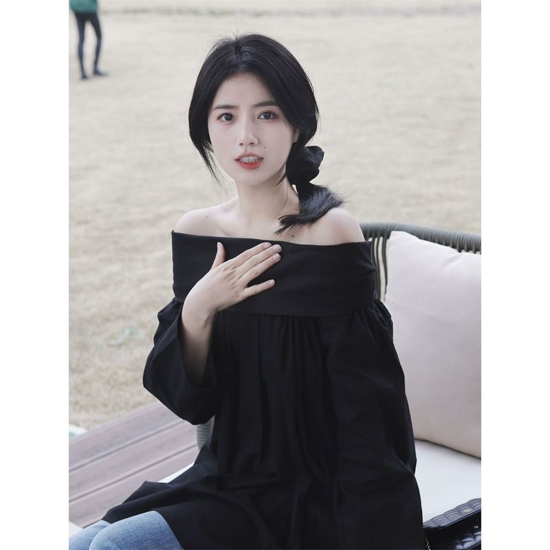 S-xl black shirt loose off-the-shoulder long-sleeved one
