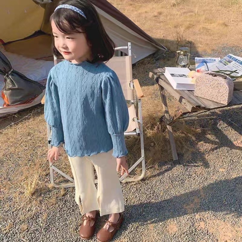 Áo Dệt Kim Tay Phồng Phối Ren Phong Cách Hàn Quốc Thời Trang Mùa Thu Mới 2023 Cho Bé Gái 80-150CM