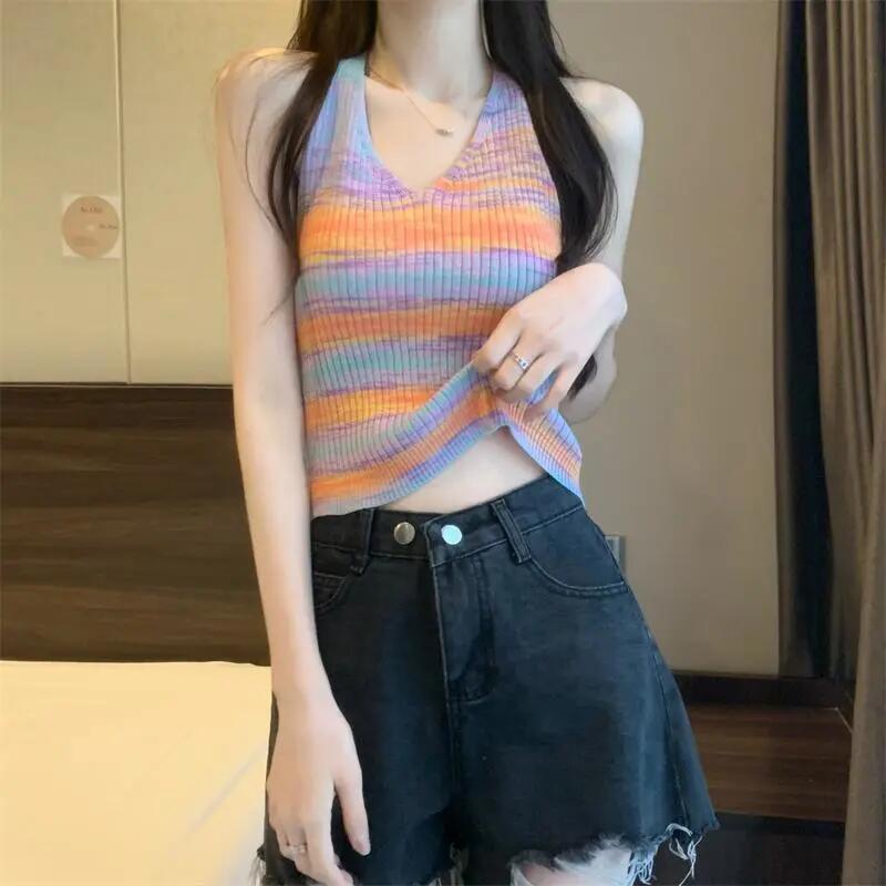 Áo Hai Dây Dệt Kim Họa Tiết Kẻ Sọc Thời Trang Mùa Hè Quyến Rũ Cho Nữ