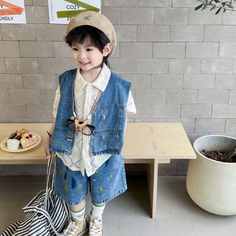 Bộ Đồ denim Ngắn Tay Thời Trang Mùa Hè Hàn Quốc Dành Cho Bé Trai