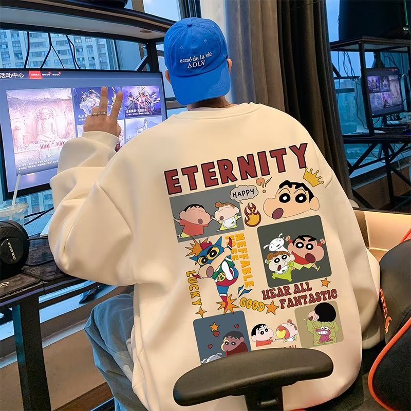 Sweater nam form rộng big size tới 120kg Nhật Bản Cartoon Crayon In ấn Shin Unisex Thời Trang Trẻ Trung